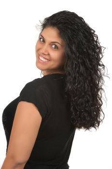 Middle Eastern woman with a beautiful smile and curly hair