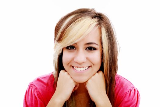 Beautiful young woman smiling. Isolated over white background