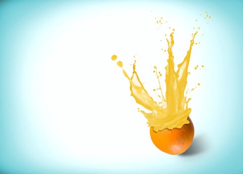 ice cubes fall into the orange, spray and splashes of juice