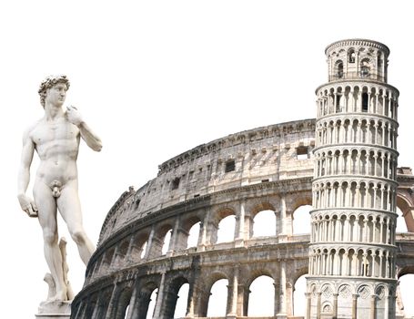 Leaning Tower of Pisa, Colosseum and Michelangelo's David. Isolated over white