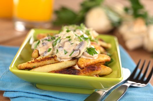 Schupfnudeln (Swabian potato noodles from Southern Germany) with mushroom sauce (Selective Focus, Focus on the front of the mushroom sauce) 