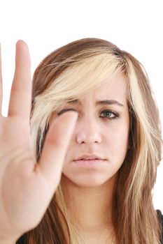 Confident woman stop gesture sing with hand