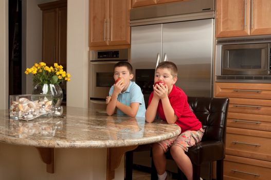 Kids eating apples in the kitchen