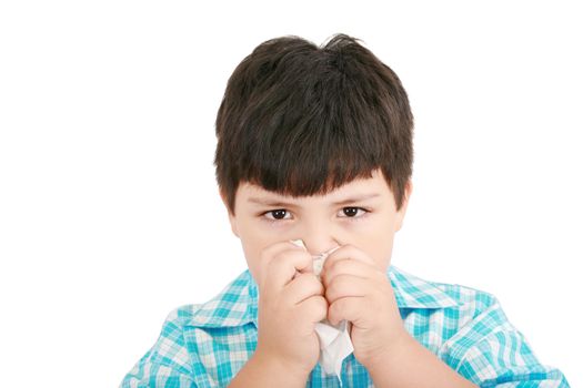 Human child cold flu illness tissue blowing nose