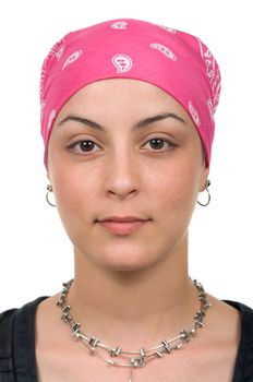 
Beautiful breast cancer survivor with bandanna ( 2 months after chemo)