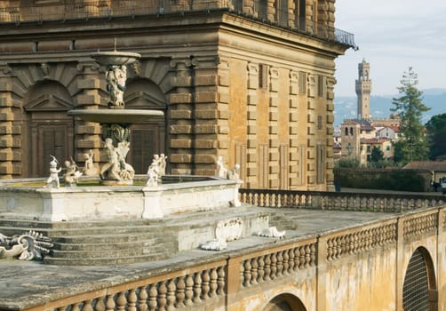 View of the Pitti Palace in Florence, with a fountain in the foreground