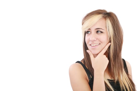 Portrait of a smiling thinking woman looking up - isolated on white