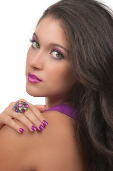 Young woman with beautiful, make up, hair and manicure