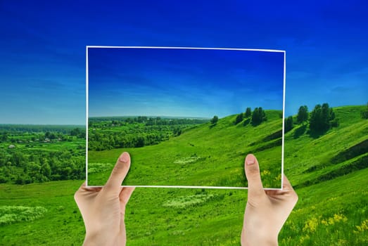 photo of green field in hands on nature background