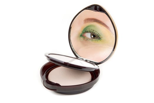 Cosmetic powder with woman eye at mirror isolated on red background