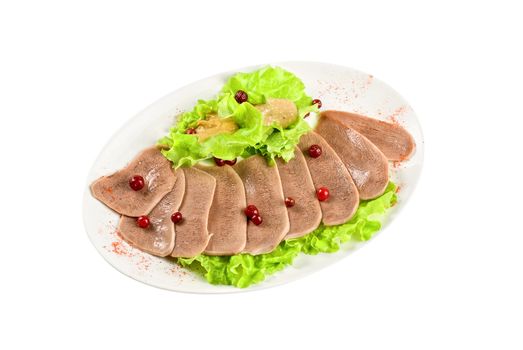 Beef tongue with cranberry isolated on a white background
