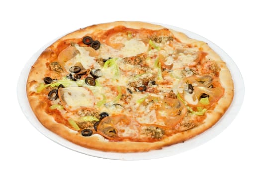 seafood pizza closeup with salmon, shrimps, tomato, pepper, olive and mozzarella cheese on a white background