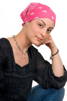 Beautiful breast cancer survivor with bandana ( 2 months after chemo)