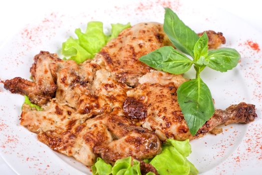 baked maize chicken meat with lettuce and greens marinated at mayonnaise, onion and kiwi