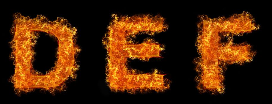 Set of Fire letter D E F on a black background