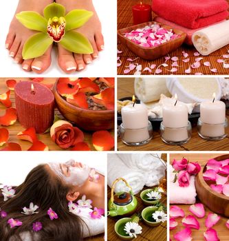 Spa collage with aromatherapy, skincare, pedicure, and herbal  relaxing tea