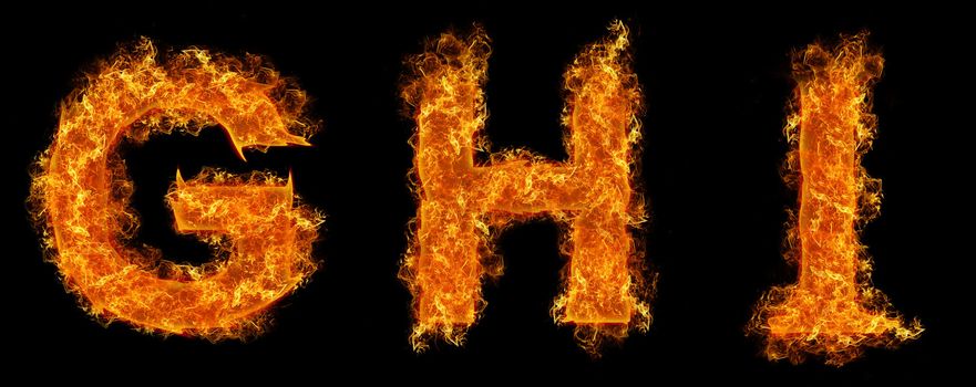 Set of Fire letter G H I on a black background