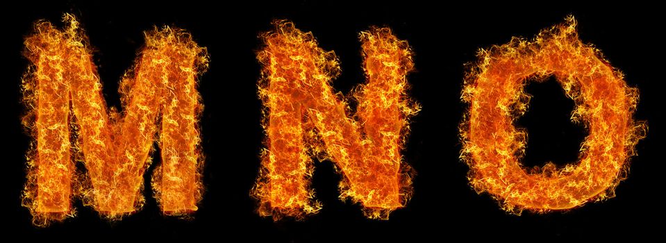 Set of Fire letter M N O on a black background