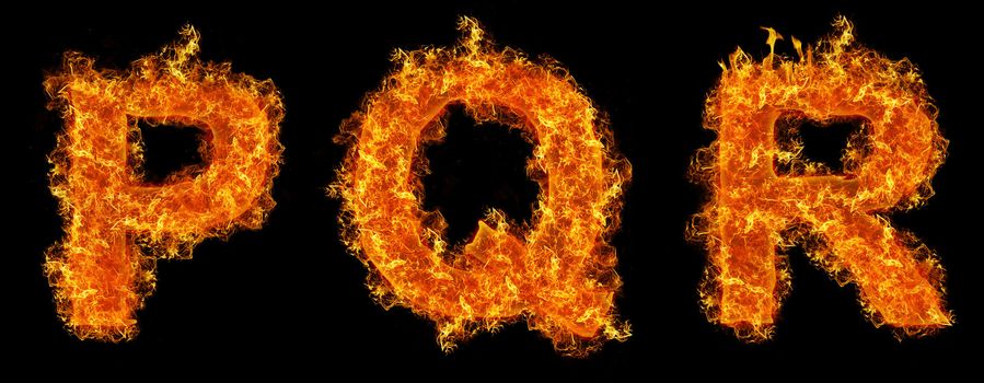 Set of Fire letter P Q R on a black background