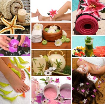 Spa treatment with aromatherapy, pedicure, manicure, massage, herbal tea, healthy fruit, meditation, and skincare