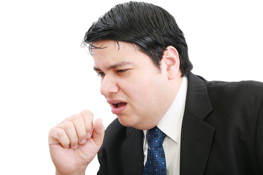 young ill businessman coughing isolated over white background