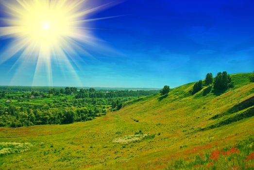 summer landscape of green valley and blue sky