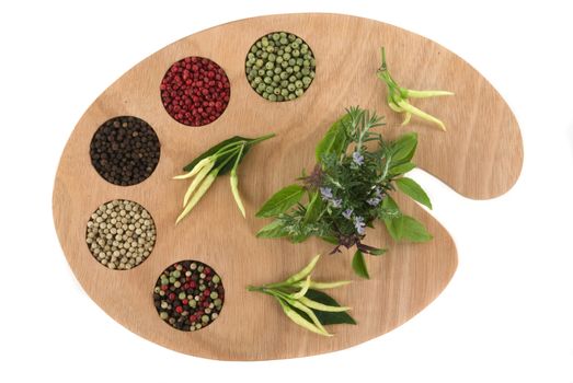 Spice and herb palette ready for the master chef to create new culinary delights. (variety of peppercorns and herbs on artist's palette)