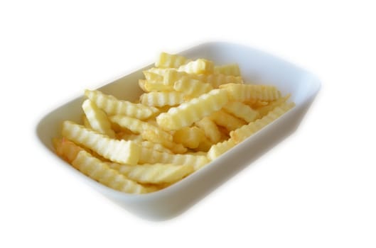  french fries on  white plate ,  white background