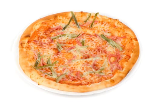 pizza closeup with boiled sausage, ham, marinated gherkin and mozzarella cheese