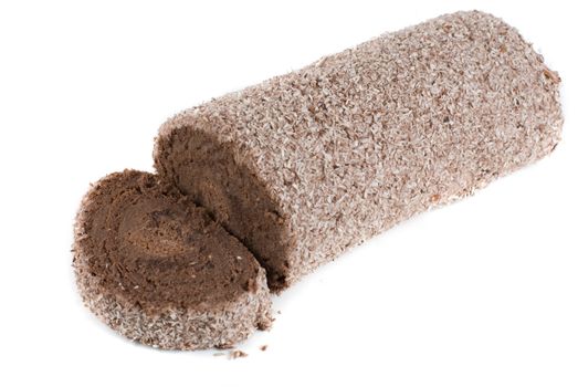 Chocolate Swiss roll closeup isolated on a white background