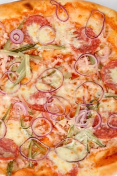 pizza closeup with smoked meat, salami, gherkin, onion and mozzarella cheese