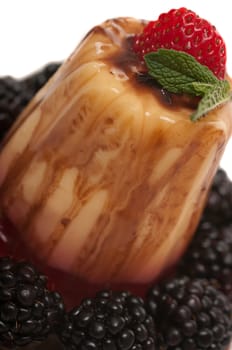 Gelatin dessert with vanilla, chocolate sauce and berries