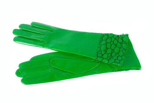 green modern female leather gloves isolated on a white