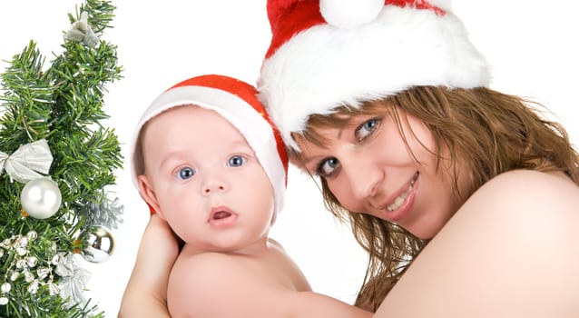 Beautiful mommy santa and her baby Santa boy on a white