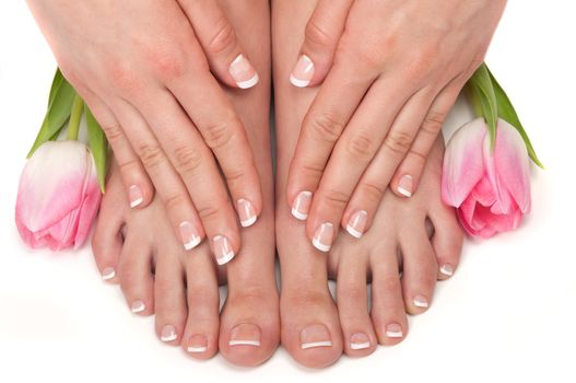 Pedicured feet, manicured hands and aromatic flowers in a spa