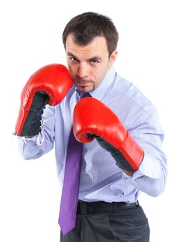 Portrait of a  business man in red boxing gloves isolated on white background. Studio shot.