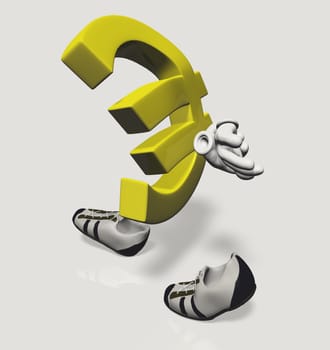 Euro symbol character walking sad and dejected with his hands folded behind his back