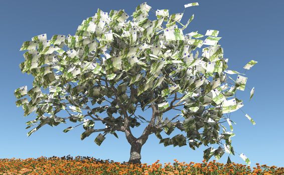 Tree on flowering meadow with € 100 bills instead of leaves