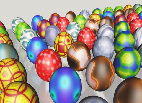 Partial view of a group of colored Easter eggs arranged in line