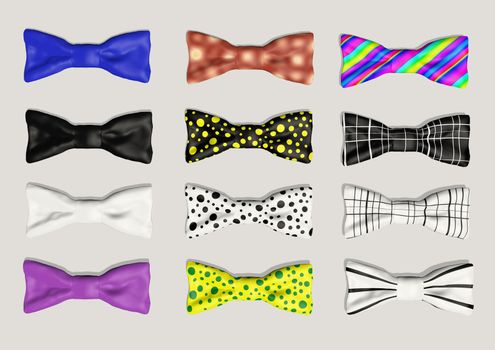 Close up of colorful bow ties arranged in rows