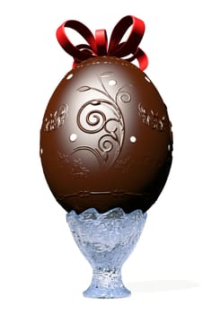 Big decorated chocolate easter egg on glass vase with a red ribbon on his head