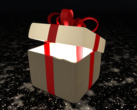 A semi-open gift box with red ribbon and bow on abstract plan with a light that comes from within