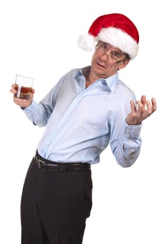 Drunk Middle Age Business Man in Christmas Santa Hat holding Drink Isolated