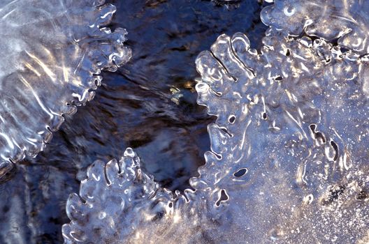 Forest stream frozen with ice fragments closeup details background beauty sun reflections.