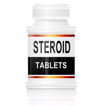 Illustration depicting a single medication container with the words 'steroid tablets' on the front with white background.
