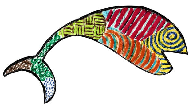 Profile view of a calico style fish made with crayon
