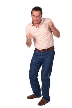 Full Lenght Portrait of Attractive Middle Age Man in Fighting Pose Ready to Punch