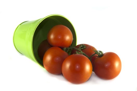 green container with red tomatoes on isolated white background