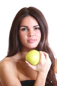 woman hold apple in hands isolated on white