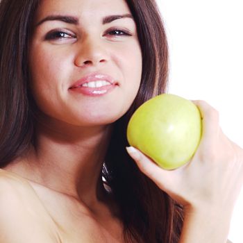 woman hold apple in hands isolated on white